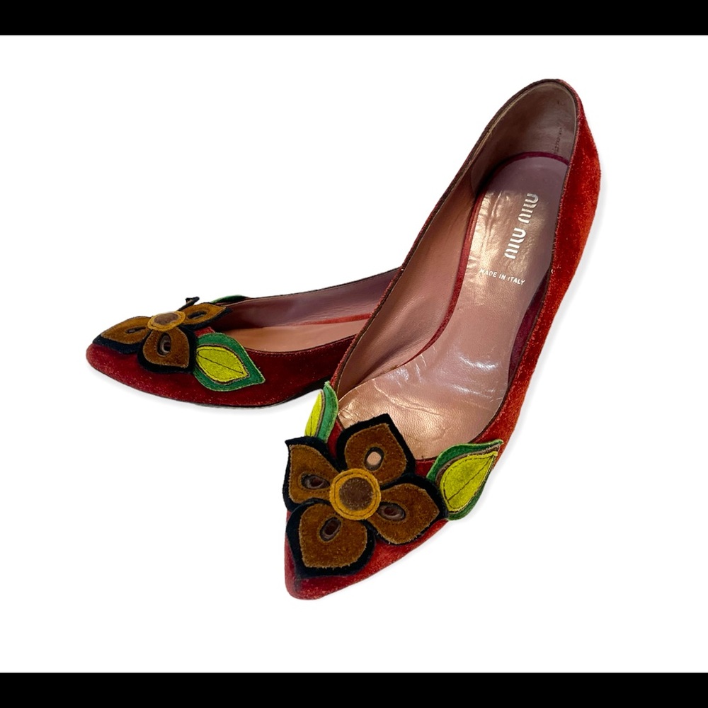 Miu Miu Suede Red Flower Pointed Flat Shoes Ballerina heel US 7 Italy 2 Dust Bag